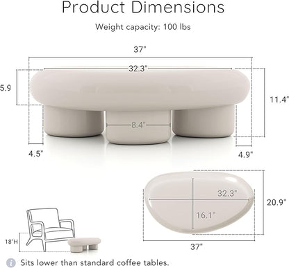 24/7 Shop at Home Kavren Modern 37-inch 2-Piece Oval Glossy Low Profile Coffee Table Set, Stone Shape Living Room Furniture for Small Space, Ivory