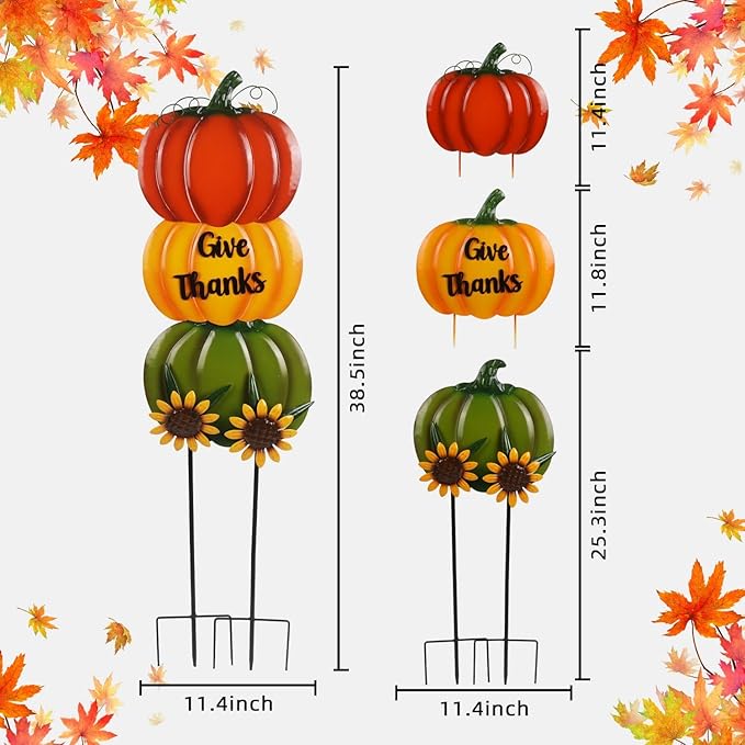 Pumpkin Yard Stakes Large 38.5" with Give Thanks Sign and Decorative Sunflowers, Fall Decorations for Home Outdoor Thanksgiving Decor and Fall Porch Decor