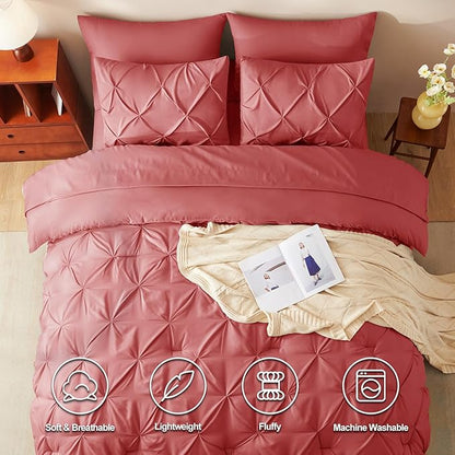 CozyLux Full Size Comforter Sets Coral, 7 Pieces Pintuck Bed in A Bag Coral Comforter Full Size, Pinch Pleat Bedding Sets with All Season Comforter, Flat Sheet, Fitted Sheet, Pillowcases & Shams