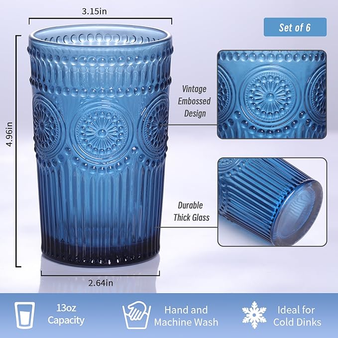 Vintage Glassware Drinking Glasses Set of 4-13 oz Blue Highball Glasses Water Tumbler, Embossed Glassware Cups for Juice, Beer, Cocktail, Whiskey, Various Mixed Drinks