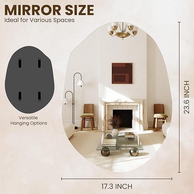 Irregular Asymmetrical Wall Mirror for Living Room Bathroom Entryway, Modern Decorative Wall Mirror Hanging (Hook Style, 24'' x 18'')