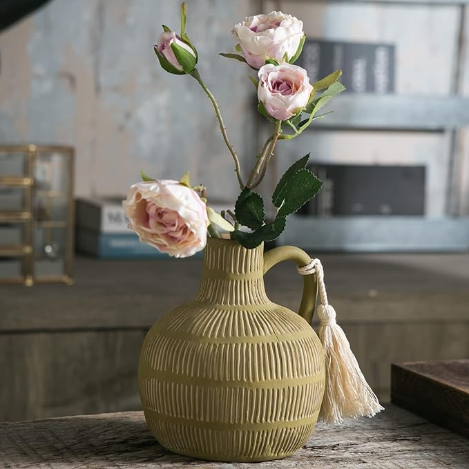 Farmhouse Vase with Handle and Tassel, Grey Yellow Vertical Stripes Design Clay Vase 10'' Tall - Ceramic Flower Vase for Rustic Home Decor, for Fireplace Kitchen Living Room Centerpieces