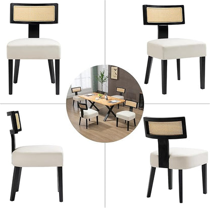 Rattan Dining Chairs Set of 4, Mid-Century Modern Fabric Upholstered Dining Room Chairs with Black Hardwood Frame, Curved Backrest Kitchen Chair Armless for Dining Room (Cream)