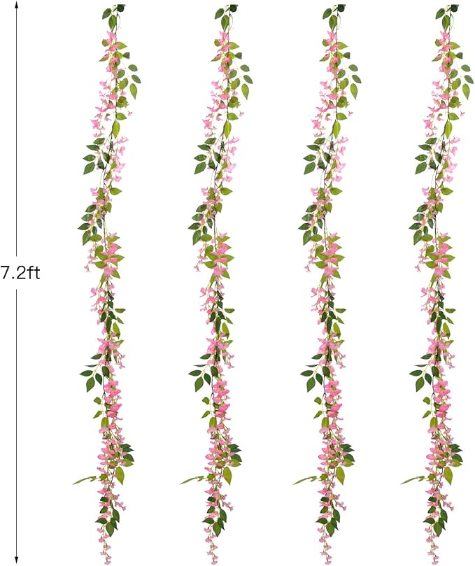 Lvydec Wisteria Artificial Garland, 4 Pcs Total 28.8ft Artificial Wisteria Vine Silk Hanging Flower for Home Garden Outdoor Ceremony Wedding Arch Floral Decor (Pink)