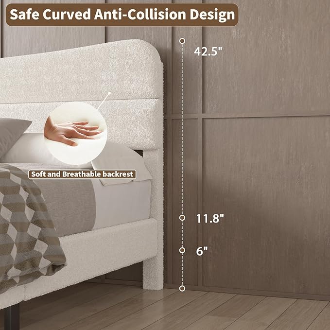 King Size Bed Frame, Upholstered King Bed Frame and Headboard, Teddy Soft Boucle Fabric bedframe King Size, Soft Cloud Marshmallow Shape Upholstered Headboard, No Box Spring Needed, Noise Free (White)