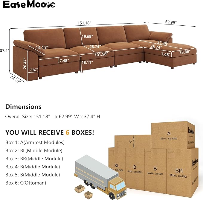 EASE MOOSE Large Sectional Modular Sofa，Large L Shape Sectional Couch Wide Deep Modular Sofa Couch Chenille Brown