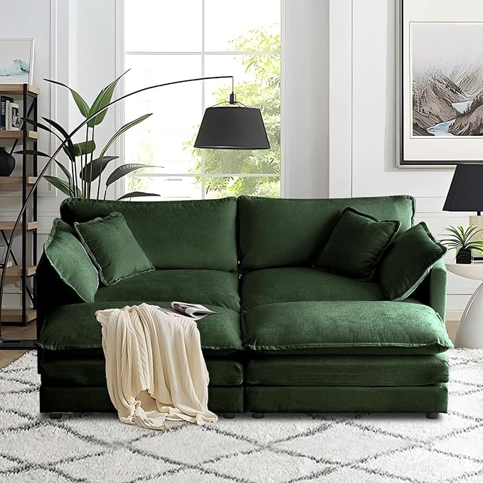 SoarFlash Chenille Sectional Sofa, Comfy Modular Coush Sofa with Ottoman, Modern 2 Seat Recliner Deep Seat Sofa Set for Living Room,Green