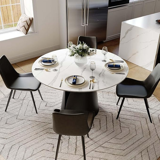 POVISON Round Dining Table for 4, 51“ Matte Sintered Stone Table Top with Solid Black Carbon Steel Pedestal, Circle Dining Room Table for Living Room (Dining Table Only)