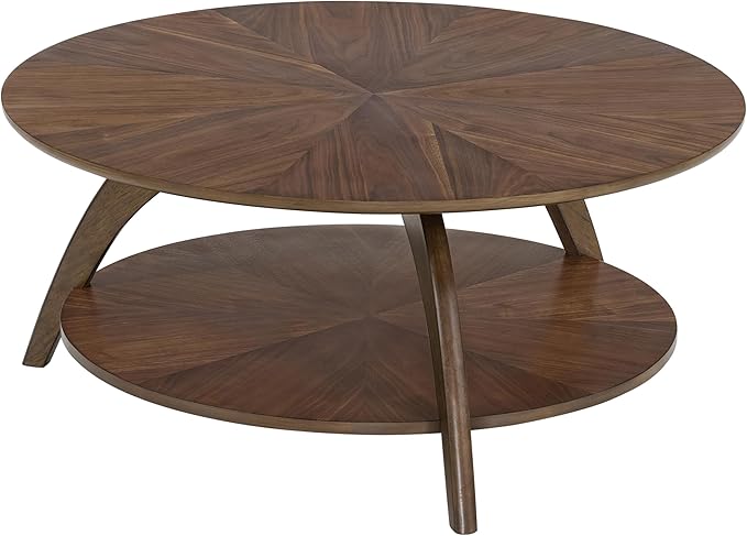 Martin Svensson Home LAX Retro Mid-Century Modern Round Wood Coffee Table with Lower Shelf, Cocktail Table for Living Room or Den. Walnut Brown.