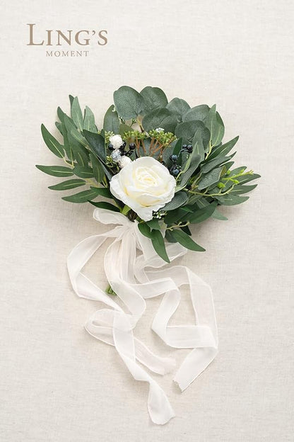 Ling's Moment Artificial Flowers White Bridesmaid Bouquet, White and Sage Wedding Flowers Bouquets for Bridesmaids, 7 Inch Bridal Bouquets for Bridesmaids, Wedding, Ceremony, Anniversary, etc