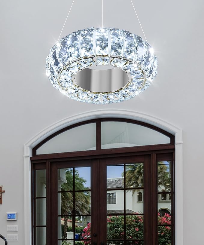 8" Ring Modern LED Dimmable Crystal Chandelier Adjustable Height Pendant Light Round Crystal Chandelier Light Fixtures for Dining Room Living Room Kitchen Island Silver