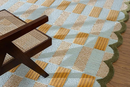 Hand-Tufted Wool Rug with Scalloped Edges, Light Blue Plaid Pattern, Cozy Soft Area Rug for Living Room, Bedroom, and Nursery, Handmade Modern Accent Rug, 2.5x12 Ft (Runner)