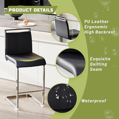 Bar Stools Set of 2,25" Counter Height Bar Stools with Footrest,Black Faux Leather Kitchen Stool with Chrome Plated Metal Leg,Counter Height Stool Ideal for Island Pub Kitchen Counter Dining Chair
