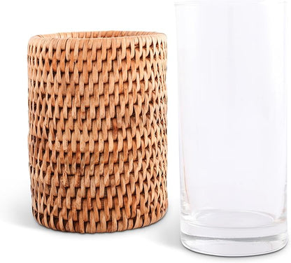 Vagabond House Natural, Removable Glass Water/Juice Glasses Set of 4, Handmade, Tall 6 Inches, Perfect for Kitchen and Home, Covered with Hand Woven Wicker Rattan