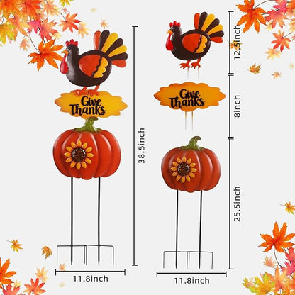 Turkey Thanksgiving Decorations Outdoor 38.5inch with Give Thanks Sign and Sunflowers, Metal Pumpkin Yard Stakes for Fall Garden, Lawn, and Harvest Decorations Outdoor