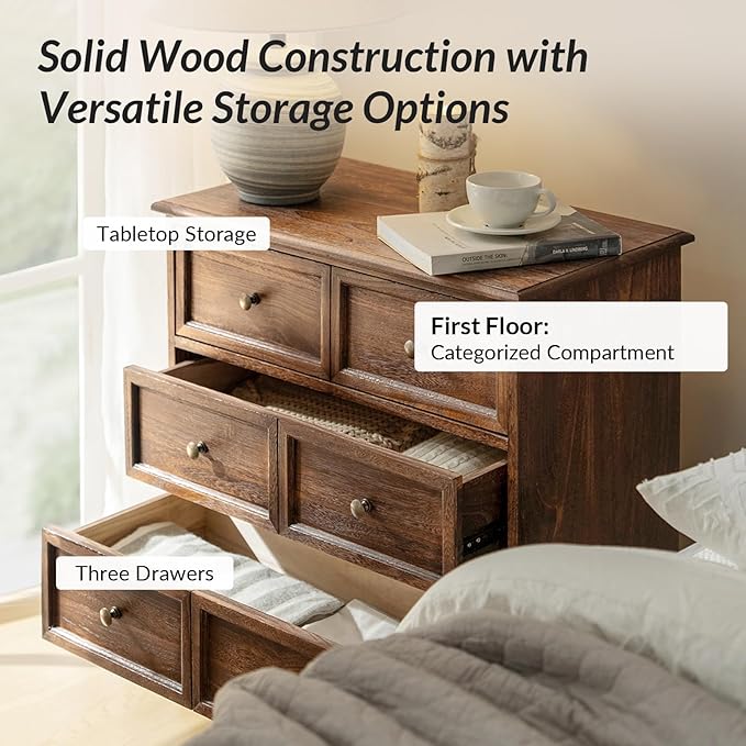 HULALA HOME 3 Drawer Nightstand with Charging Station Drawer Organizer with Wood Legs Farmhouse Solid Wood, Walnut