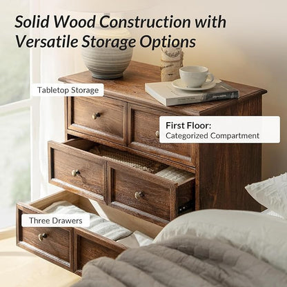HULALA HOME 3 Drawer Nightstand with Charging Station Drawer Organizer with Wood Legs Farmhouse Solid Wood, Walnut
