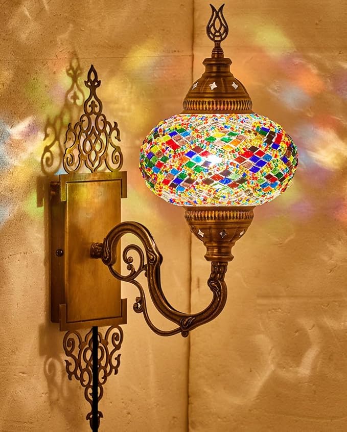 Turkish Moroccan Mosaic Plug-in Wall Sconce Lamp, Handmade Tiffany-Style Glass Globe, Ornate Brass Base, 5.2-ft Cord, Decorative Lighting for Living Room, Bedroom, Dining Room, 15x5 in, Multicolor1