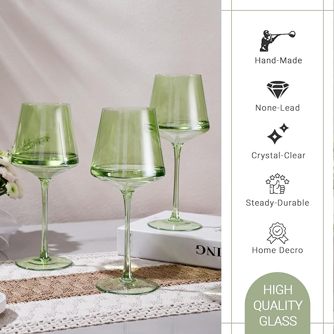 Physkoa Green Wine Glasses Set - 6-16oz Modern Colored Glassware With Tall Long Stem and Flat Bottom for Spring Home Party