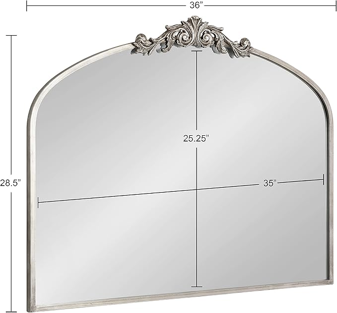 Kate and Laurel Arendahl Ornate Traditional Arched Mirror; 36 x 29; Silver; Decorative Baroque Style Arched Wall Mirror with Wide Frame and Crown
