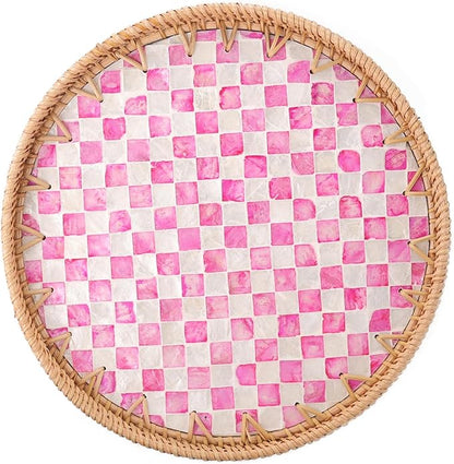 Round Rattan Tray with Mother of Pearl Inlay, Rattan Serving Tray for Coffee, Bread, Fruits, Decorative Wicker Tray for Table Decor, Home Decor, Kitchen Island Decor(Pink Checkerboard, 11.8")