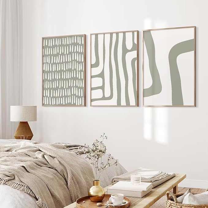 Minimalist Neutral Wall Art Decor Sage Green Boho Canvas Poster Abstract Modern Painting Wall Art Mid Century Beige Pictures Prints Gallery Line Wall Art for Bedroom 12x16 Inch Unframed Set of 3