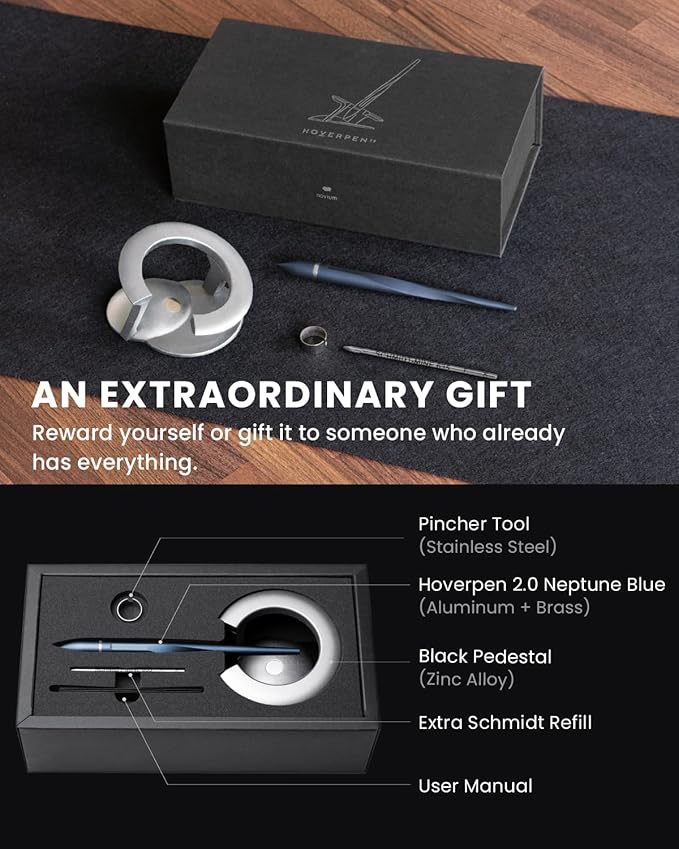 novium Hoverpen Interstellar - Futuristic Luxury Pen Made With Aerospace Alloys, Unique Aesthetic, Free Spinning Executive Pen, Gifts for Men & Women (Neptune Blue)