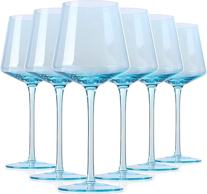 Light Blue Wine Glasses Set 6-16oz Modern Blue Wine Glasses With Tall Long Stem and Flat Bottom,Unique Blue Wine Stemware for Birthday Wedding Bridal Shower