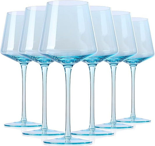 Light Blue Wine Glasses Set 6-16oz Modern Blue Wine Glasses With Tall Long Stem and Flat Bottom,Unique Blue Wine Stemware for Birthday Wedding Bridal Shower