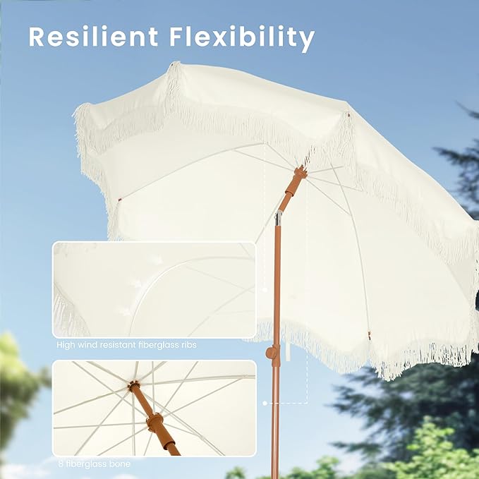 PHI VILLA 7ft Beach Umbrella with Fringe & Sand Anchor, Outdoor Patio Heavy Duty Windproof Portable Tassel Umbrellas for Sand with Push Button Tilt & Carrying Bag, UPF 50+, White(No Base)