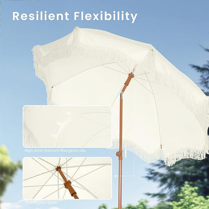 PHI VILLA 7ft Beach Umbrella with Fringe & Sand Anchor, Outdoor Patio Heavy Duty Windproof Portable Tassel Umbrellas for Sand with Push Button Tilt & Carrying Bag, UPF 50+, White(No Base)