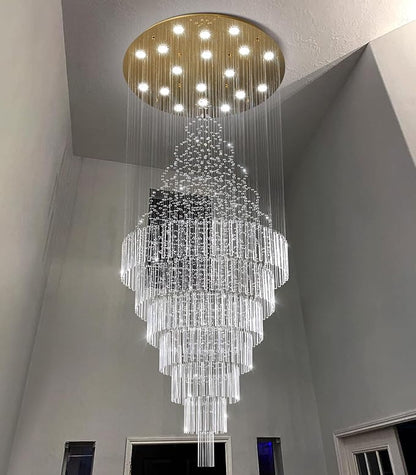W40 x H120 Glam Chandelier with LED Bulbs Crystal Raindrop High Ceiling Pendant Light for Entrance Large Villa Chandelier Foyer Lighting Fixtures Gold