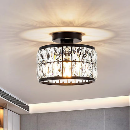 Crystal Ceiling Light Fixture, Modern Semi Flush Mount Ceiling Light,Crystal for Kitchen Bedroom Bathroom Entryway, Black Finish