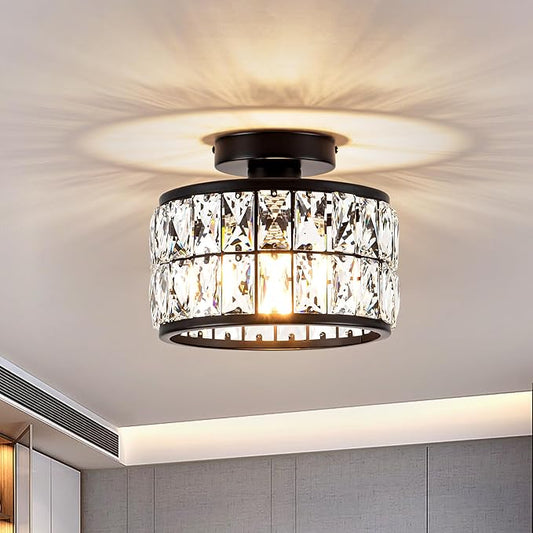 Crystal Ceiling Light Fixture, Modern Semi Flush Mount Ceiling Light,Crystal for Kitchen Bedroom Bathroom Entryway, Black Finish