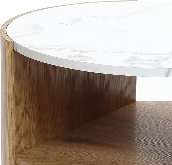 LuxenHome Modern Round Coffee Table with Faux Marble Top & Oak Finish Wood Base, 23.5” Small Center Table with Open Storage Shelf, Wooden Accent Table for Living Room, Apartment, or Office