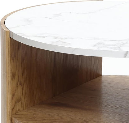 LuxenHome Modern Round Coffee Table with Faux Marble Top & Oak Finish Wood Base, 23.5” Small Center Table with Open Storage Shelf, Wooden Accent Table for Living Room, Apartment, or Office