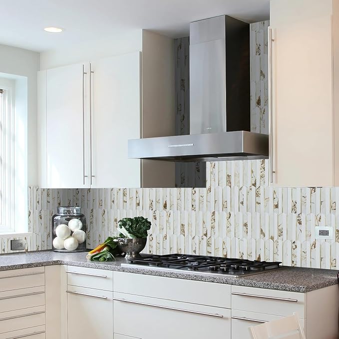 Vamos Tile Peel and Stick Backsplash Seamless Tile,10 Sheets Stick on Backsplash for Kitchen and Bathroom, 12''x12'' White Marble Look PVC Mixed Metal Gold Self Adhesive Fish Scale Mosaic Wall Tiles