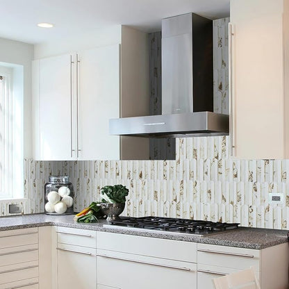 Vamos Tile Peel and Stick Backsplash Seamless Tile,10 Sheets Stick on Backsplash for Kitchen and Bathroom, 12''x12'' White Marble Look PVC Mixed Metal Gold Self Adhesive Fish Scale Mosaic Wall Tiles