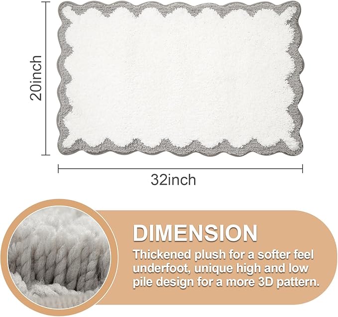 ORTIGIA Cute Scalloped Bath Mat Grey Bathroom Rugs Non Slip Washable, Quick Dry Absorbent Plush Microfiber White & Gray Bathmat for Bathtub Shower, Floor for Sink Bedroom, 20x32