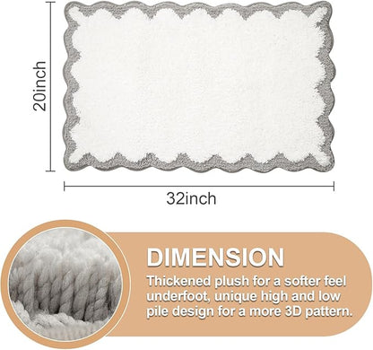 ORTIGIA Cute Scalloped Bath Mat Grey Bathroom Rugs Non Slip Washable, Quick Dry Absorbent Plush Microfiber White & Gray Bathmat for Bathtub Shower, Floor for Sink Bedroom, 20x32
