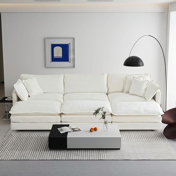 SoarFlash Chenille Sectional Sofa, Comfy Modular Coush Sofa with Ottoman, Modern 3 Seat Recliner Deep Seat Sofa Set for Living Room,White