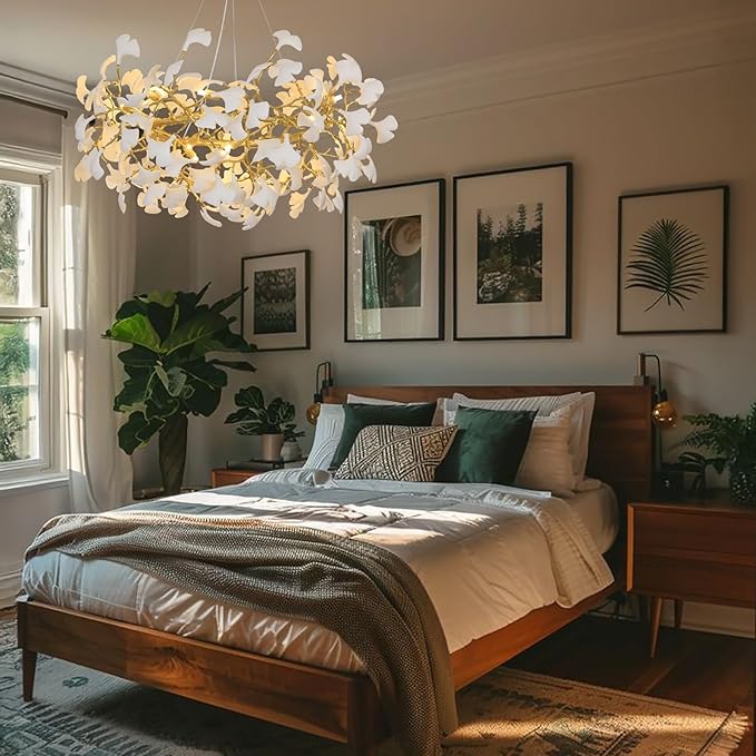 Modern Gold and White Tree Branches Chandeliers for Living Room, 48''Modern Rounde Ceramic Ginkgo Leaf Chandelier, Dining Room Chandelier Over Table, for Foyer, Bathroom, Bedroom