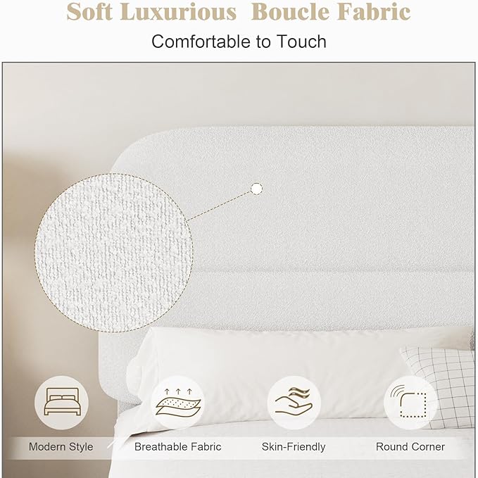 Full Size Bed Frame, Boucle Upholstered Bed Frame Full with Headboard and Thickened Footboard, Rounded Corners, No Box Spring Needed, Easy Assembly, White