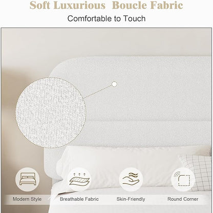 Full Size Bed Frame, Boucle Upholstered Bed Frame Full with Headboard and Thickened Footboard, Rounded Corners, No Box Spring Needed, Easy Assembly, White