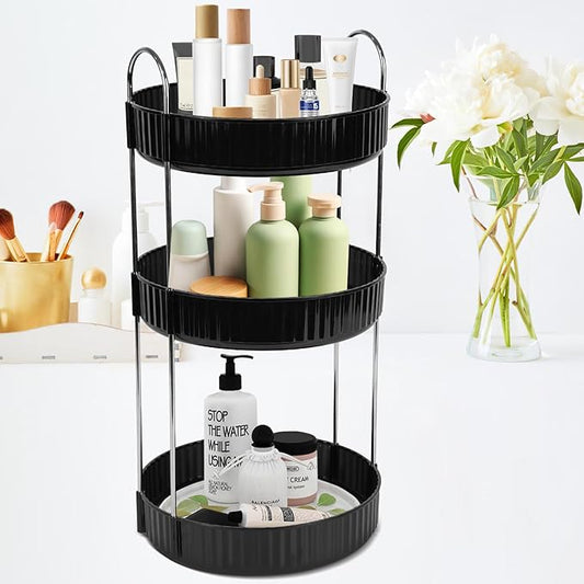 Rotating Makeup Organizer Countertop 3 Tier Lazy Susan Spinning Skincare Perfume Storage for Bathroom Counter Vanity, Black