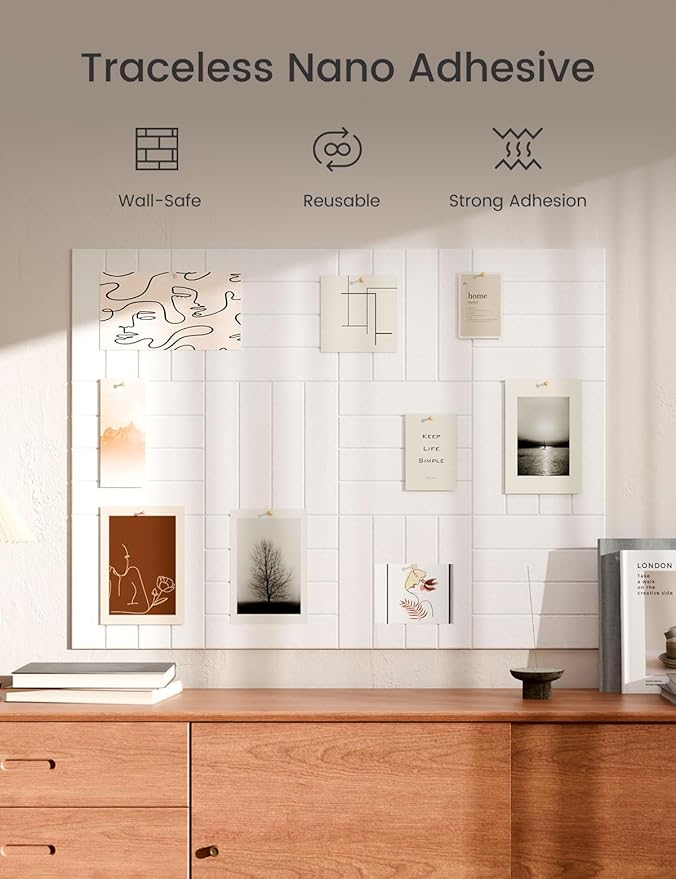 Bumusty Large Cork Board Alternative-47 x35 Felt Bulletin Board Tiles, with 30 Pushpins, 70 Adhesive Tabs, 12-Pack Slat Wall Paneling, Cork Boards for Office Push Pin Board Felt Board-Milky White