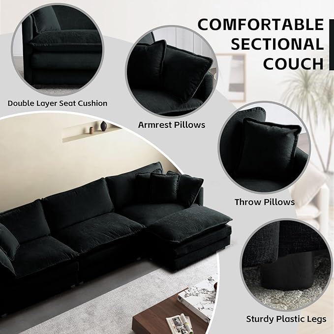 SoarFlash Chenille Sectional Sofa, Comfy L Shaped Modular Coush Sofa with Ottoman, Modern 3 Seat Couch Deep Seat Sofa Set for Living Room,Black