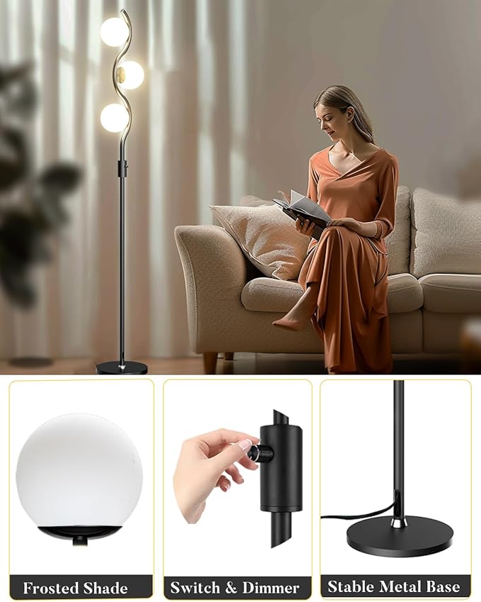 Dimmable Globe Floor Lamp Black Standing Lamps with 3 Soft Warm White 3000K Bulbs, Mid Century Modern Floor Lamp for Living Room Bedroom Home Decor