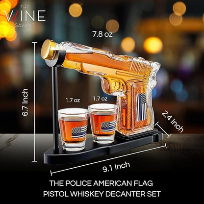 Police Flag Gifts for Men Dad, Father Whiskey Decanter Set - 8 Oz with Two 2 Oz Glasses, American Pistol Gun Anniversary Birthday, Home Bar Gifts, First Responder Present Dispenser, Husband Bar Gift