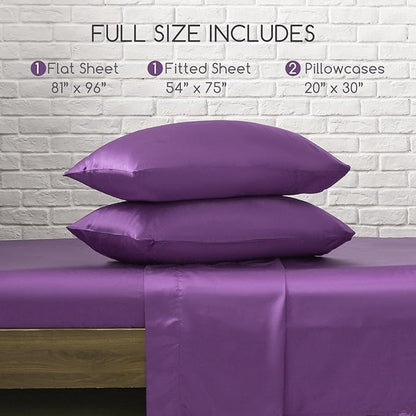 MR&HM Satin Bed Sheets, Full Size Sheets Set, 4 Pcs Silky Bedding Set with 15 Inches Deep Pocket for Mattress (Full, Lavender)